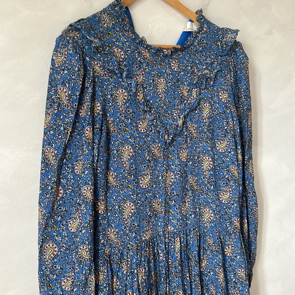Anthropologie Maria dress, blue paisley ruffle bib prairie long sleeve western - Picture 4 of 10
